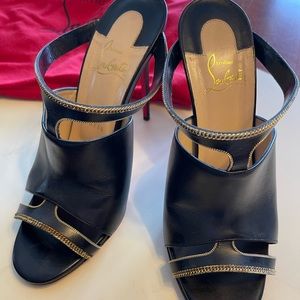 Christian Louboutin Paris peep toe black mules with gold accented cut- outs 38.5